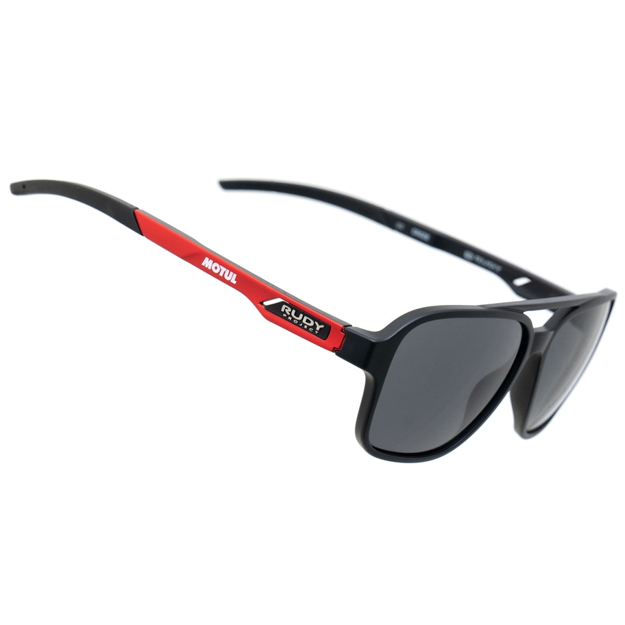 Sonnenbrille mit schwarzem Rahmen und rotem Akzent, Rudy Project, Motul Logo